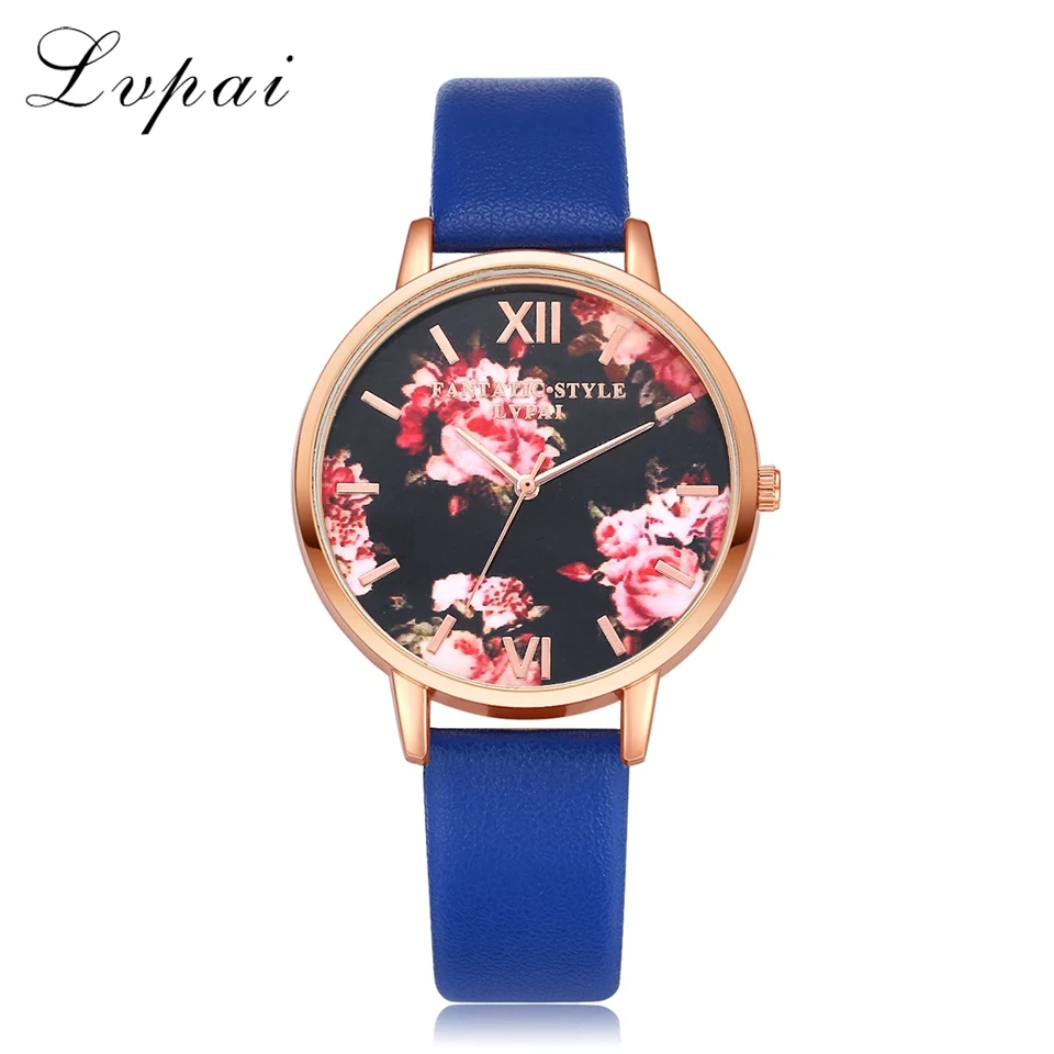 Lvpai Брендовые женские часы-браслет модные цветы из розового золота кожа простые ЖЕНСКИЕ НАРЯДНЫЕ часы Роскошные бизнес-часы в подарок - Цвет: Blue