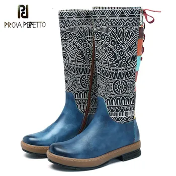 

Prova Perfetto Vintage Boots Women Shoes Bohemian Retro Leather Knee High Boots Printed Side Zipper Back Lace Up Botas Mujer New