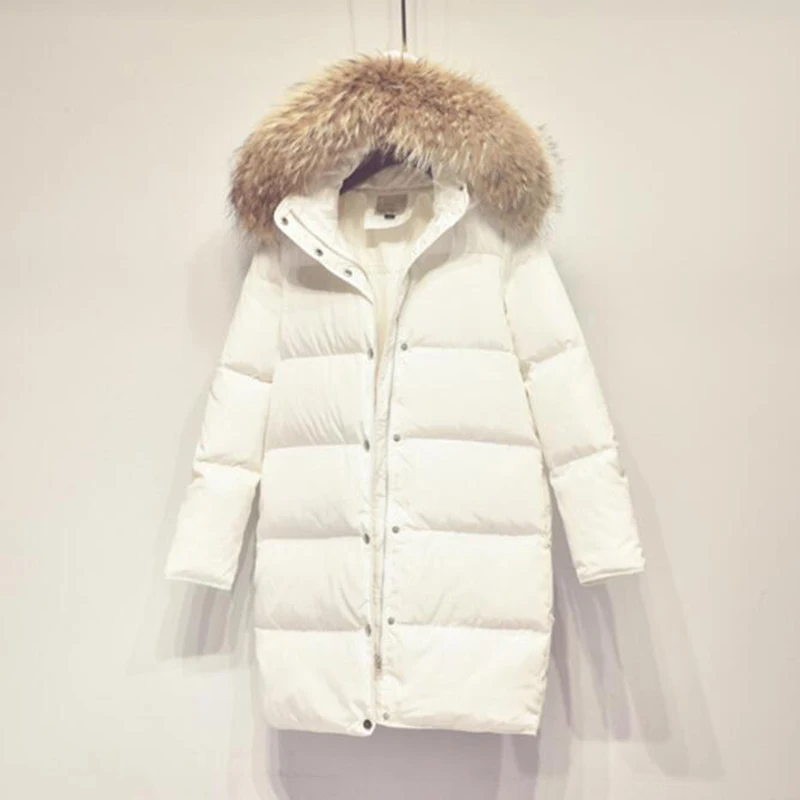 

2019 Women Winter Jacket 90% White Duck Down Coat Parka Real Fur Collar Thicken Hooded Down Jacket Female Medium Long Overcoat
