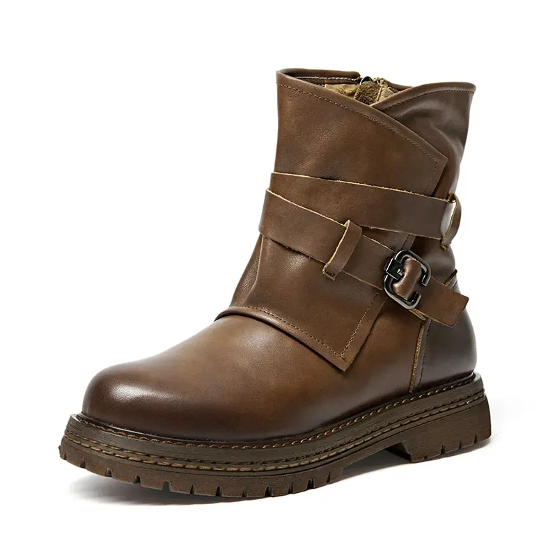 Xiuteng/Брендовая обувь на плоской подошве; женские ботинки из натуральной кожи; коллекция года; шикарные ботинки в байкерском стиле; женская зимняя обувь - Цвет: XT0008-Brown
