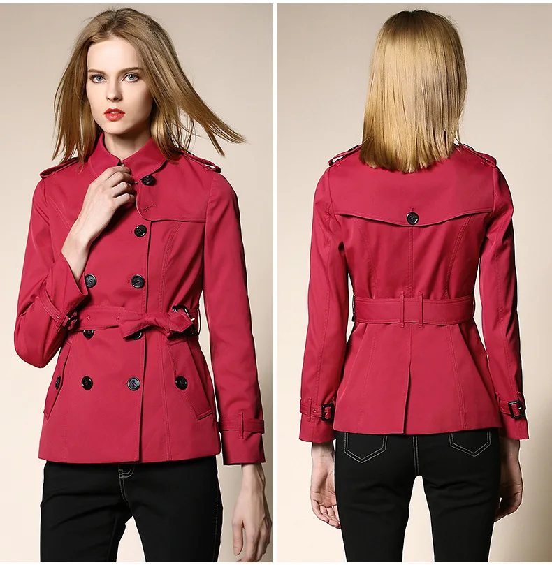 Chic women's Trench coat spring autumn belted short coat Fashion slim fit double breasted short Trench coat G092