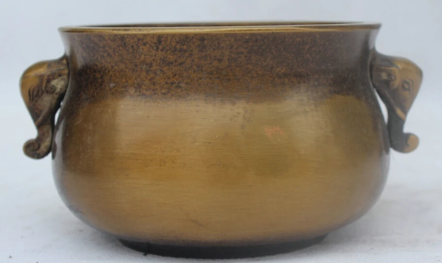 

5" Old Marked Chinese Palace Copper Elephant Handle Round Incense Burner Censer S0705