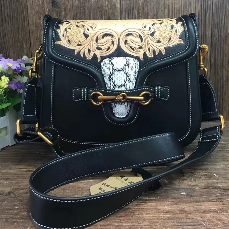 

Women's bag new crossbody bag women handmade carved vintage flower leather handbags ladies Messenger bag shoulder bag