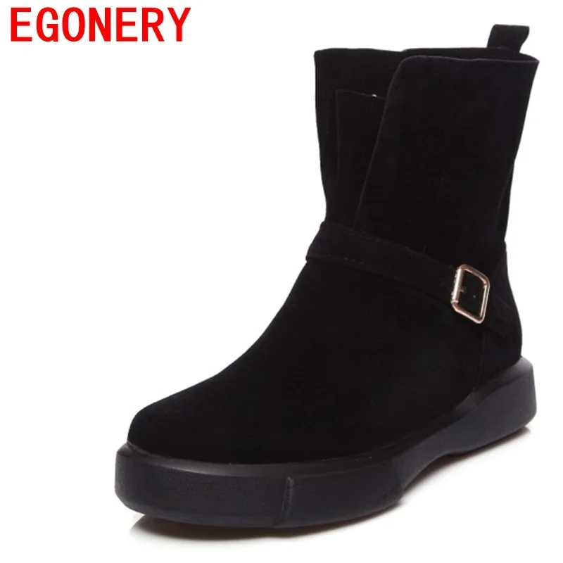 

EGONERY women buckle ankle boots woman 3 cm low heel good quality 3 color winter outside light shoes new style slip on boots