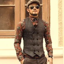 Spring Autumn Man's Vest Woolen Double Breasted Vintage Waistcoat Men Suit Vest Dress Formal Wedding Vest Male Clothing