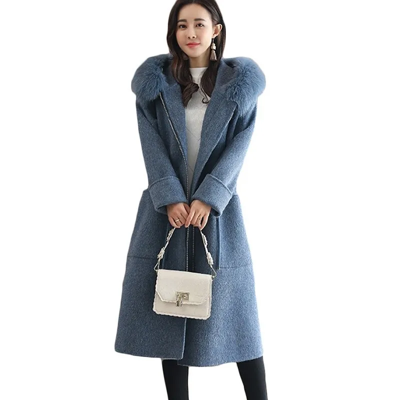 

Fashion Women Long Wool Coat Autumn Winter High quality Womens Jacket Pockets Hooded Fur Collar Cashmere Coats Woolen Jackets