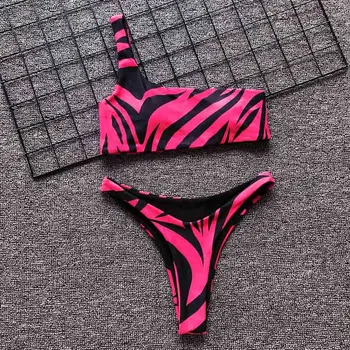 

Sexy One Shoulder Striped Bikini 2019 Women Swimwear Female Swimsuit Two-pieces Bikini Zebra Printed Bather Bathing Suit Swim