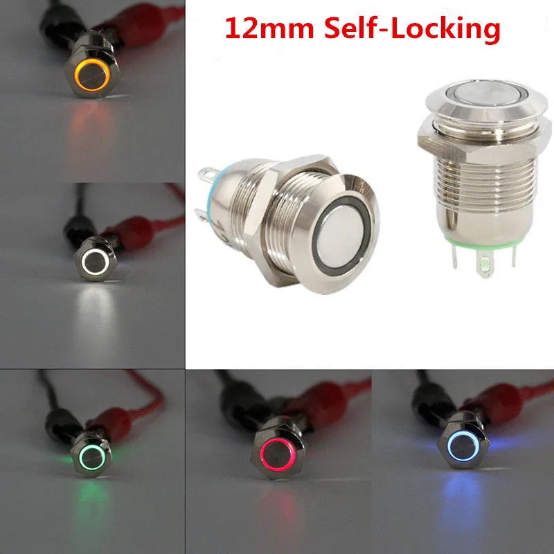 

1pcs 12mm Self-Locking Waterproof Metal Round Dash LED Lamp Power Push 4-Pin Button Switch