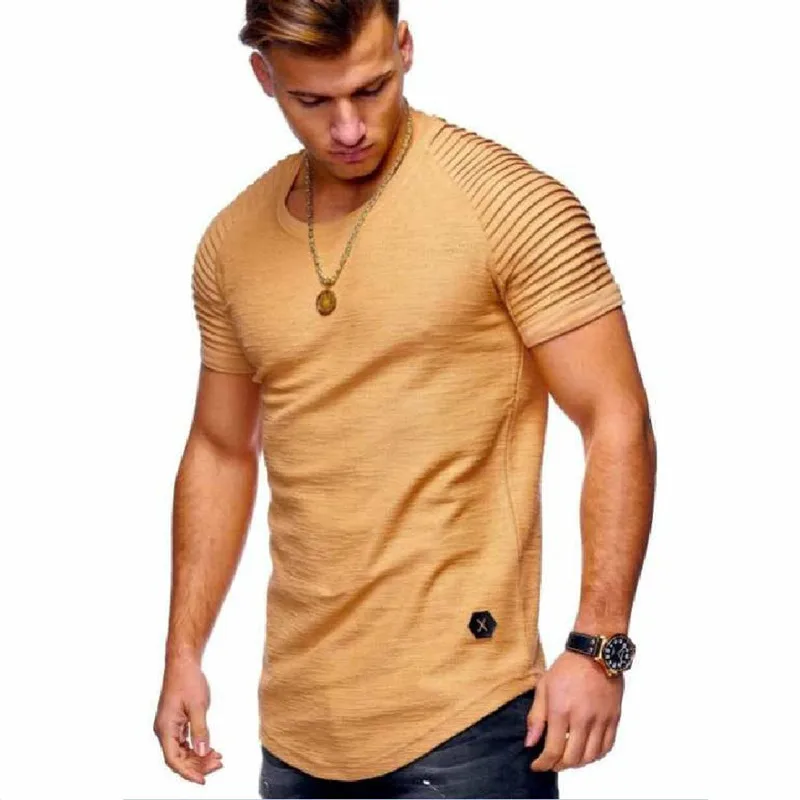 Новинка лета, однотонная дизайнерская полосатая Мужская футболка с оборками и рукавом, тонкая футболка с круглым вырезом, повседневная мужская футболка