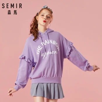 

SEMIR Women Print Hooded Sweatshirt with Ruffle Detail at Sleeve Pullover Hoodie with Lined Drawstring Hood Ribbed Cuff and Hem