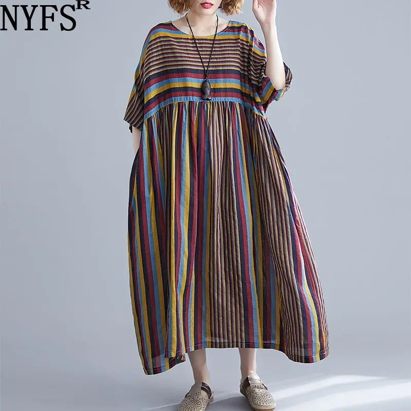 

NYFS Summer dress 2019 New Vintage Striped Comfortable women dress Literary Large size long dress Vestidos Robe Elbise