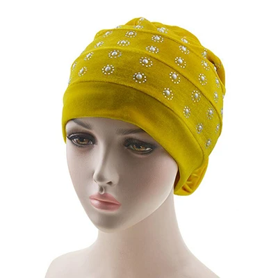 Мусульманские женщины внутренний простой хиджаб тюрбан Хиджаб Шапки горный хрусталь мусульманская исламская повязка на голову для ребенка шляпы для сна Индия шапка бархат 10 шт - Цвет: Цвет: желтый