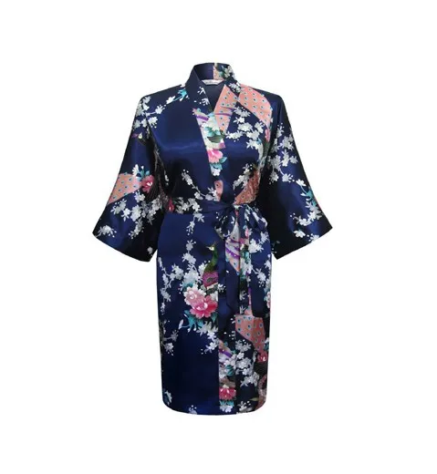 Высококачественный фиолетовый женский шелковый халат из искусственного шелка Новинка кимоно платье сексуальная ночная рубашка с цветочным узором S M L XL XXL XXXL - Цвет: navy blue