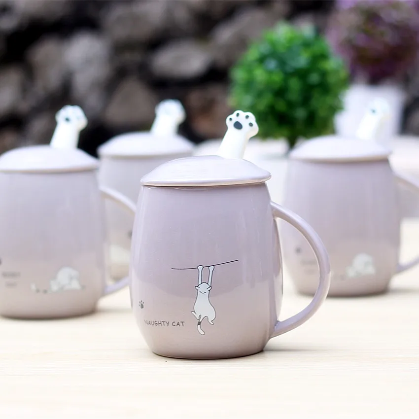 

Creative new ceramic cup small lazy cat circular milk tea coffee cup personality gray animal with spoons breakfast cups