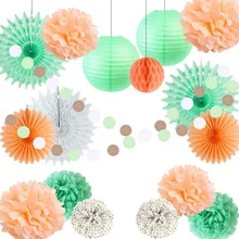 Peach,Mint Green Paper Decoration Set Tissue Paper Fans Polka Dot Pom Pom Balls Circle Garland Wedding Shower Birthday Party girls pom pom detail polka dot sweater