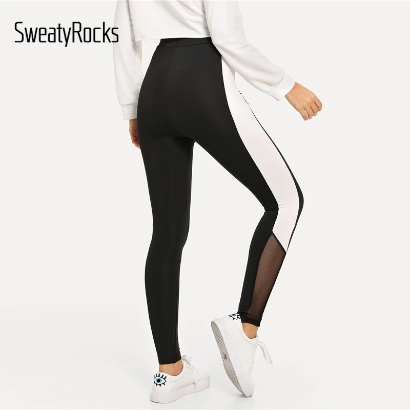 SweatyRocks, спортивные Леггинсы с широким поясом, с цветными блоками, для тренировок, с высокой талией, эластичные,, Осенние, для фитнеса, женские брюки и штаны