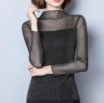 

2018 spring summer new women lace blouse see-through sexy black shirt club lady plus size bottoming tops