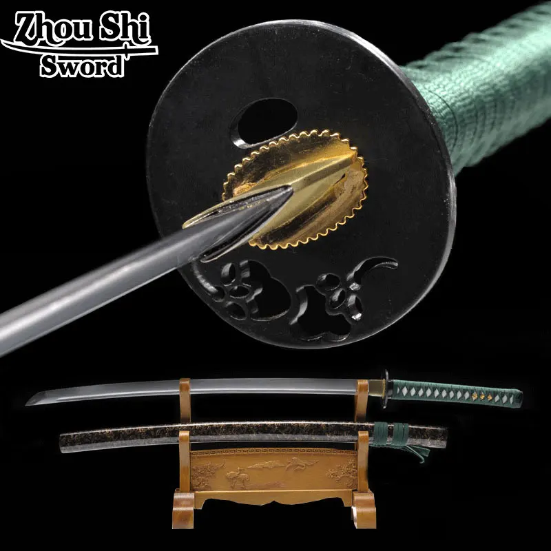 

All handmade Samurai Katana sword Forged 1060 Ccarbon Steel Sheath color Green hilt Practical Sharp Metal Crafts