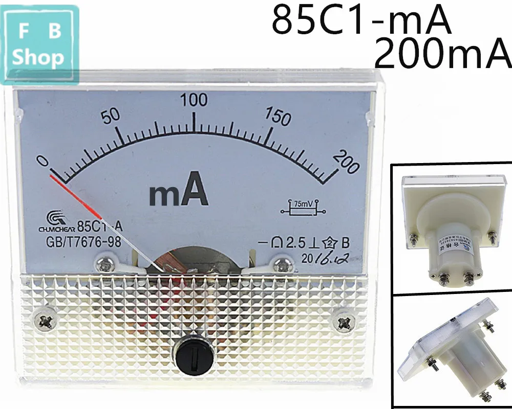 1 tamanho análogo do medidor 64*56mm do ampère da série do amperímetro 85c1 do ponteiro da c.c. dos pces 85c1-ma 200ma