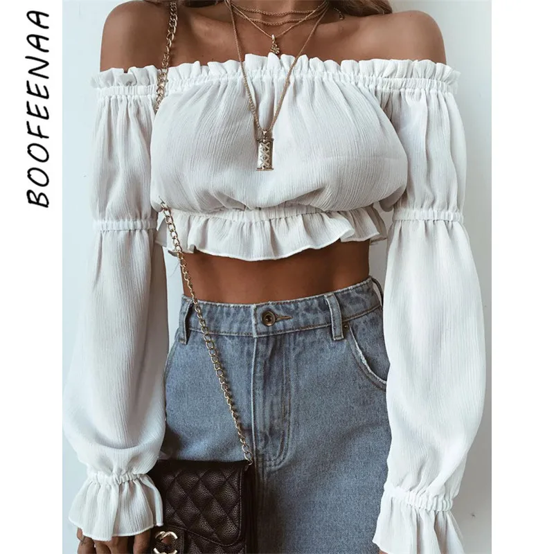 white off the shoulder crop top long sleeve