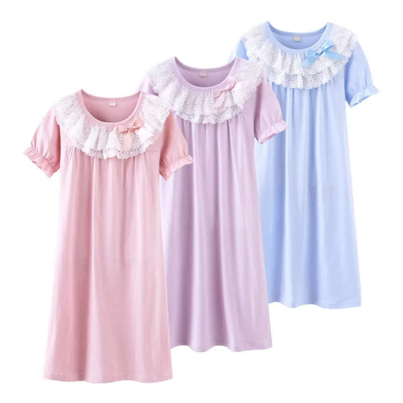 

Princess Lace Baby Girls Nightgown Summer Short Sleeve Toddler Girls Night Dress Teen Big Girls Pajama Dress