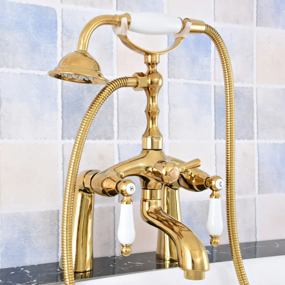 

Luxury Gold Color Brass Deck Mounted Bathroom Tub Faucet Dual Handles Telephone Style Hand Shower Clawfoot Tub Filler atf791