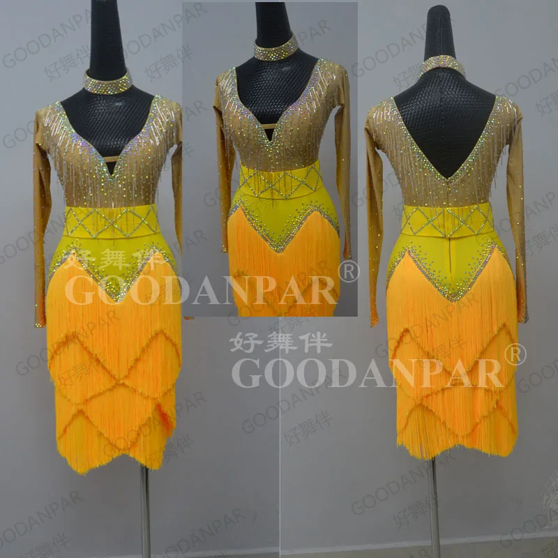 

GOODANPAR Custom-made red Latin skirt Latin Dance Dress style FringeSexy Latin dance dress Long sleeved For Women Girls yellow