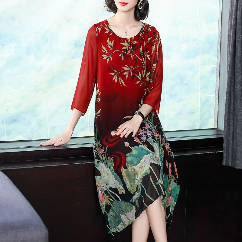 

Silk dress female summer new temperament retro slim print O-neck dress large size L-4XL high quality fashion elegant vestidos