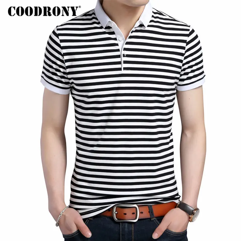 

COODRONY 2018 Summer New Fashion Striped Turn-down Collar Tee Shirts Short Sleeve T-Shirt Men 100% Pure Cotton T Shirt Men S7611