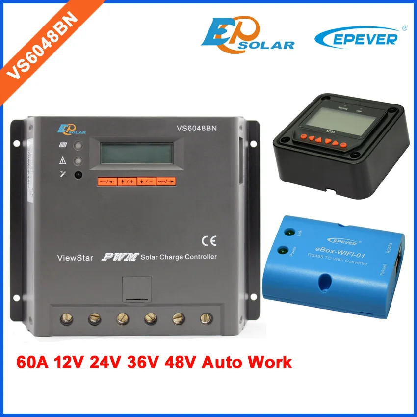 EPSOLAR VS6048BN+ датчик температуры и eBOX-BLE-01 60A 12 В 24 в 36 в 48 в видозвезда EP ШИМ Контроллер заряда с ЖК-экраном - Цвет: with MT50 and wifi