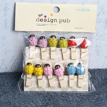 

12 Pcs/Set Lovely Colored Ladybug Wooden Clip Photo Clips Party Decoration Clip with Hemp Rope
