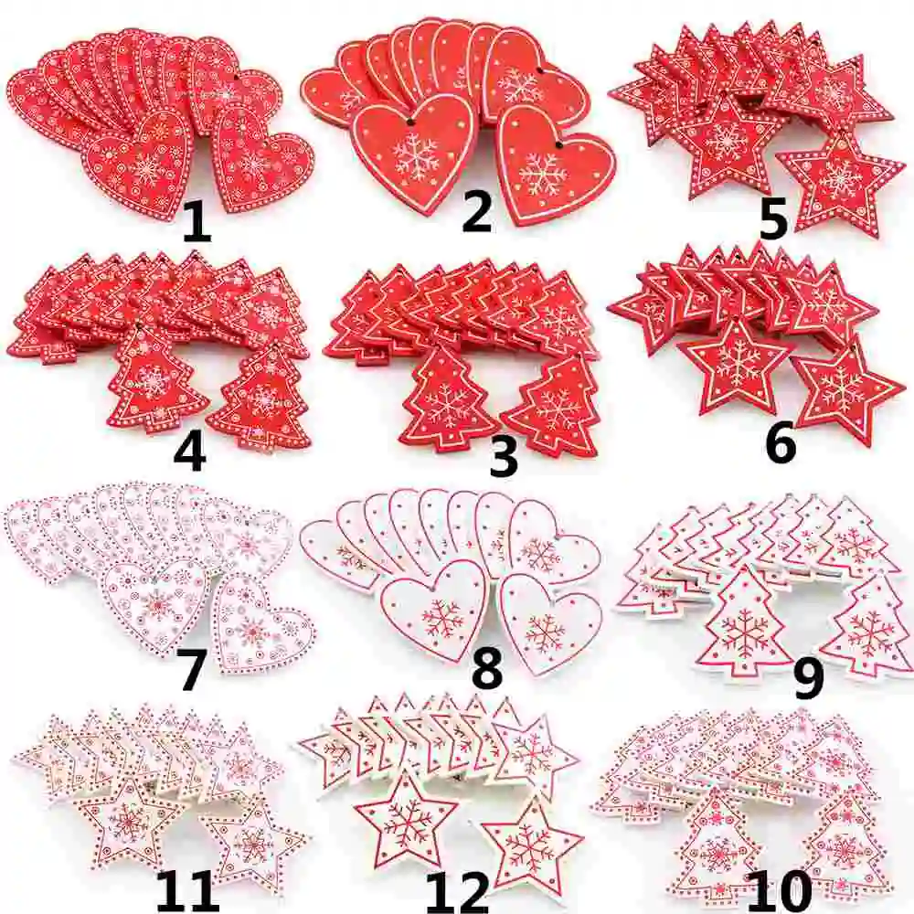

20 Pcs Red&White Mixed Christmas Tree Heart Star Wood Chip For Handmade DIY Craft Decorative With One Hole Wood Chips