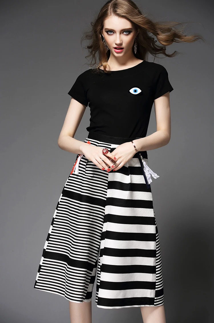 Mis shirt Black Survêtements Deux Pièces Pantalon Femmes 2016 Rayé Sleeve Costumes Short En Ensemble short Jambe Oycp full T White Casual Black Top Large Eye Exwn6BzPq