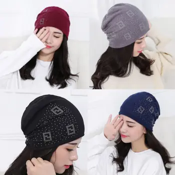 

Stilysh Women Winter Autumn Hat Cotton Wool Knitted Beads Ski Beanies Cap Skull Warm Soft Stretch Cuff Baggy Beanie Slouchy Hats