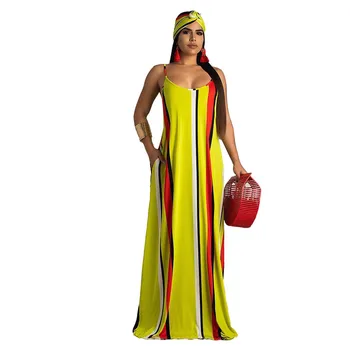 

Yellow Striped Strap V-Neck Sashes Sexy Pleated Dresses Vintage Sundress Women Maxi Dresses Party Dress Vestidos