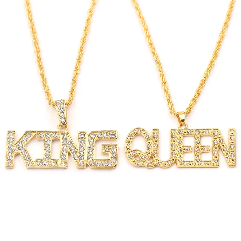 

Rhinestone Luxury Big King & Queen Pendant Necklace 70cm Long Chain Hip hop Jewelry Women Men Lovers Charm Letter Necklaces
