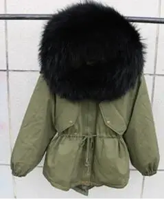 Большая зимняя куртка с воротником из меха енота модная Женская Толстая теплая парка верхняя одежда армейское зеленое пальто с капюшоном - Цвет: green black