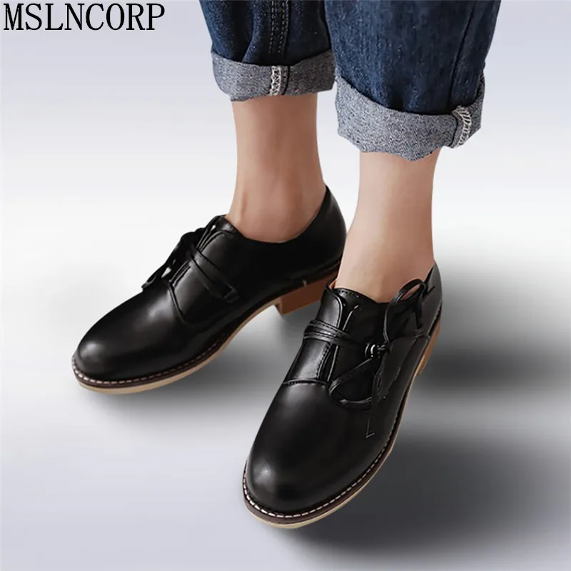 

plus size 34-43 Spring Autumn Flats British Style Oxfords Shoes Women Soft Leather In with Casual Lace Up Retro zapatos Mujer
