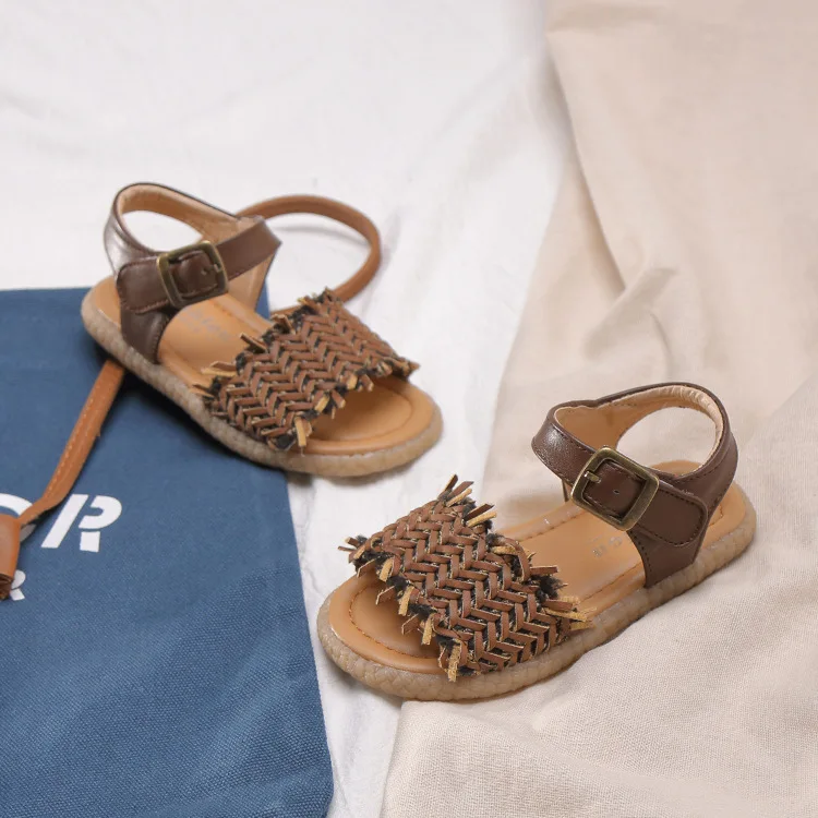 Сандалии для девочек с открытым носком из искусственной кожи ткачество обувь детские сандалии на застежке-липучке детские сандалии для младенцев; Sandalen; детские сандалии