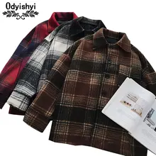 Винтажное женское осеннее свободное шерстяное пальто больших размеров, верхняя одежда, Классическая клетчатая утепленная шерстяная куртка Harajuku HS477