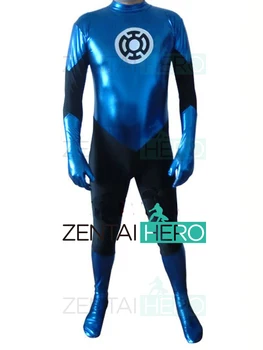 

Free Shipping DHL Custom Made Shiny Metallic Blue Lantern Cosplay Costume Adult Comic Superhero Catsuit For Halloween Party