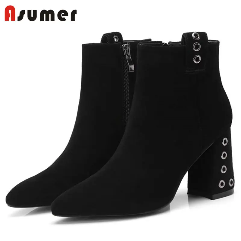 

ASUMER 2018 NEW fashion kid suede leather boots metal decoration ankle boots women pointed toe zipper high heels boots