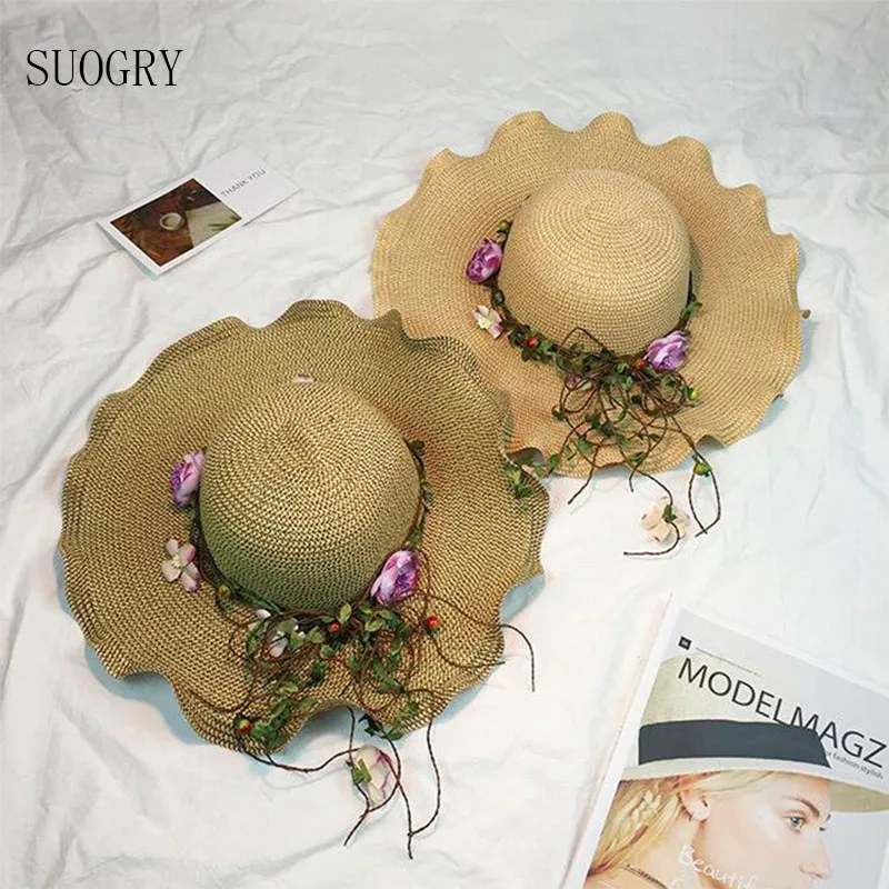 Flower Sun Hat для Для женщин полями венок соломенная шляпа дамы летние пляжные Кепки козырек вводной сомбреро большие карнизы тень Hat