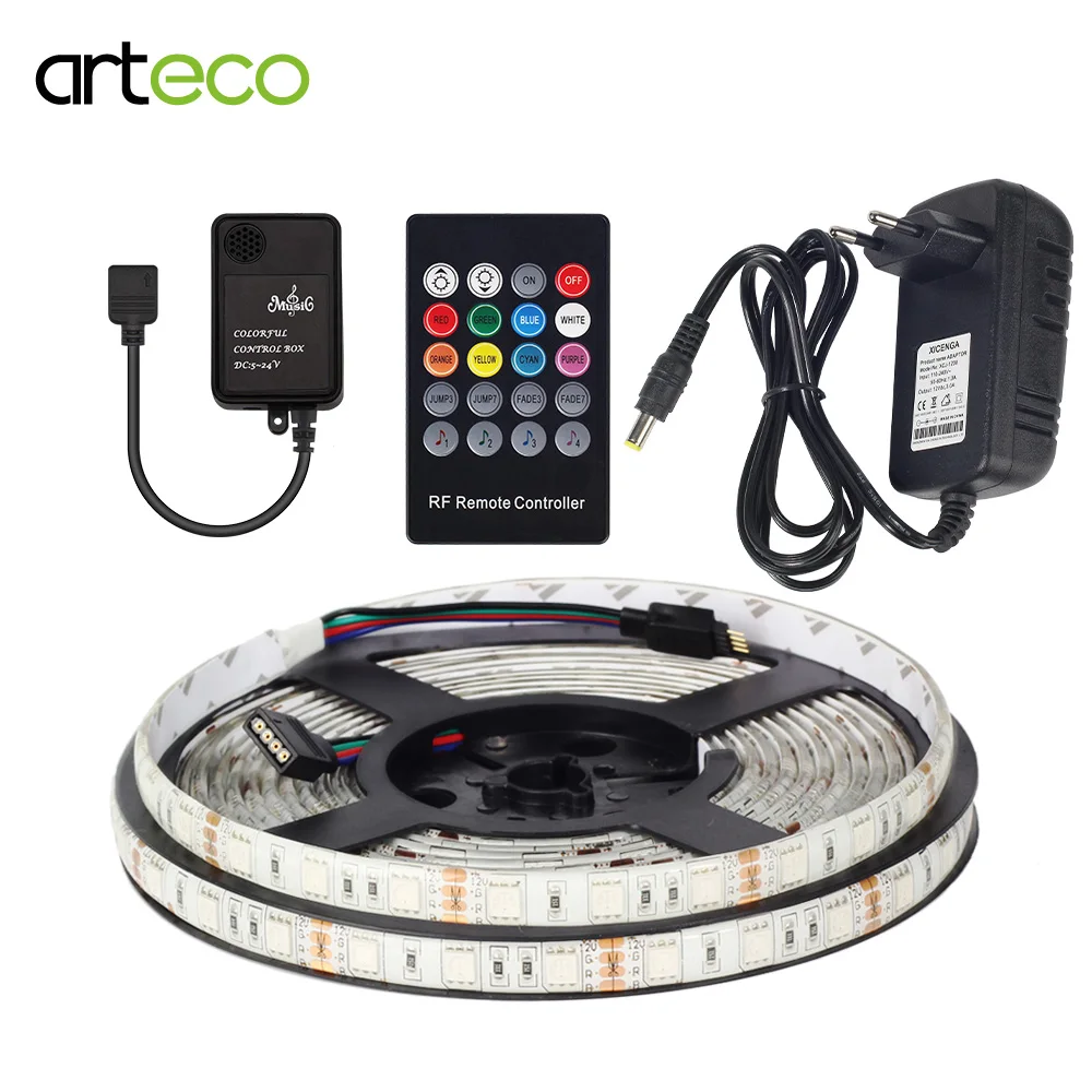 Цветная (RGB) Светодиодные ленты света 5050 SMD RGB 5 м Светодиодная лента лампа гибкий Водонепроницаемый Диод + 20 Ключи музыка RF контроллер + DC12V