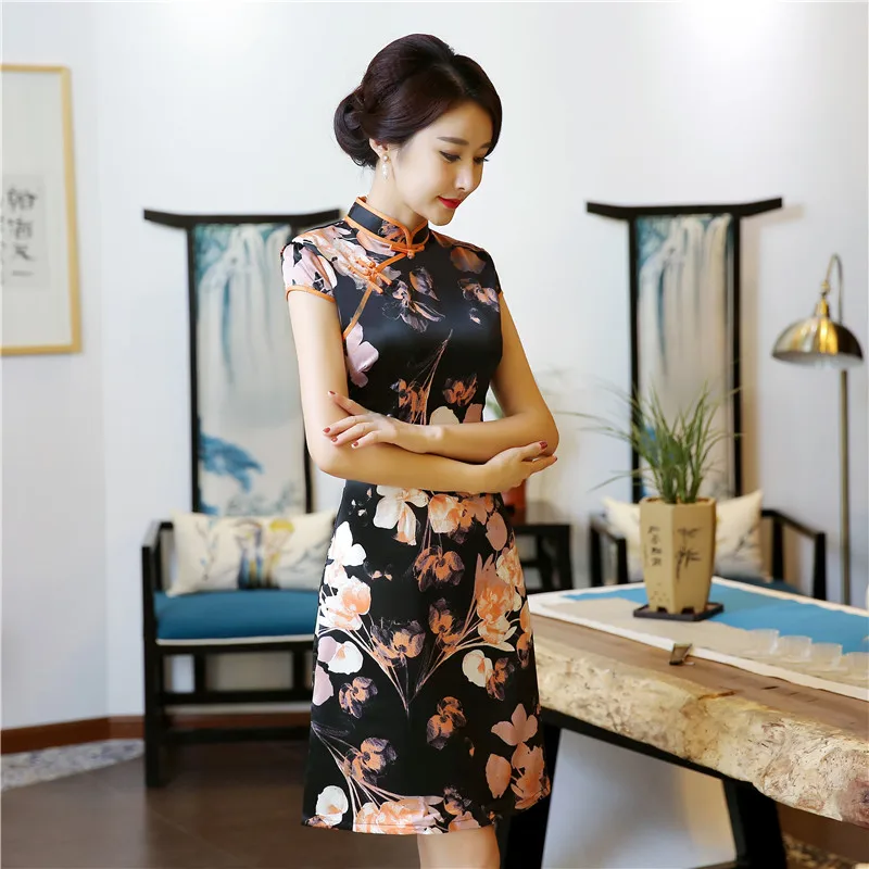 Шанхай история короткие Cheongsam китайский Восточный черное платье цветочный Ципао в китайском стиле платья из искусственного шелка