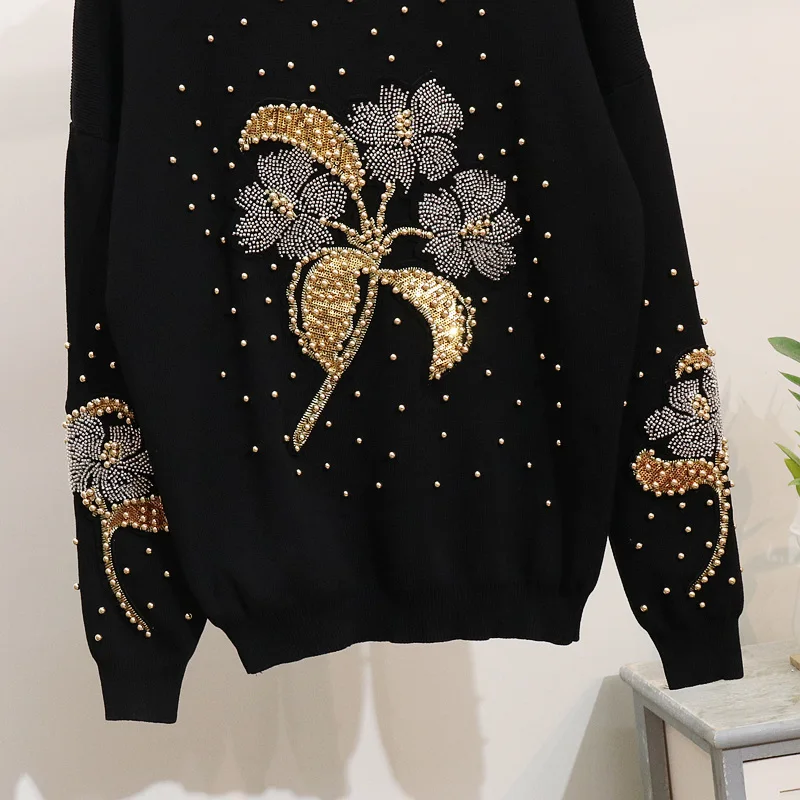Модный зимний комплект из двух предметов высокого качества, Женский пуловер, украшенный бисером, Толстовка и штаны, комплект спортивной
