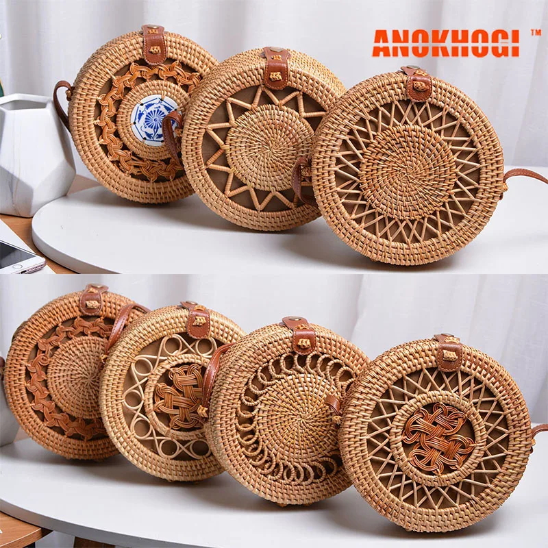 20cm Big Size Handmade Circle Chinese Bowknot Women Rattan Bags Spiral Style Hollow Out Flowers Female Shoulder Bags B380