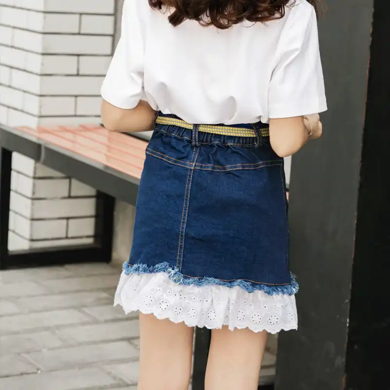 denim skirt with lace hem