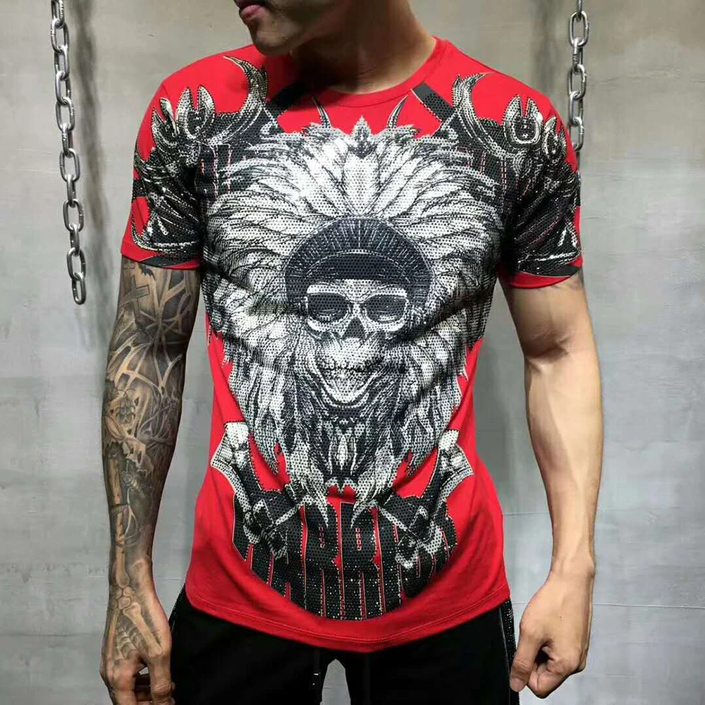 

PP Bag Packaging!Brand Men Summer Warrior Rhinestone Print T Shirt 100% Pure Cotton Fashion Tops Tees Male Casual T-shirt