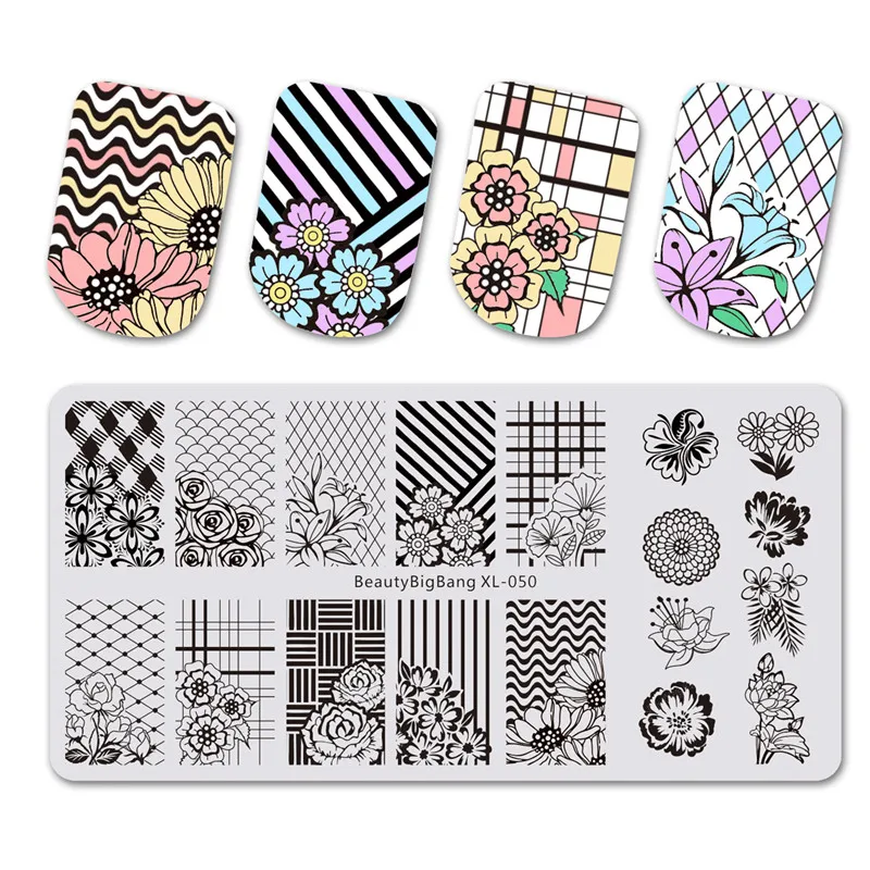

BeautyBigBang 6*12cm Nail Stamping Plates Flower Grid Plaid Geometric Image Stamping For Nails Stencil Template Art Tools XL-050